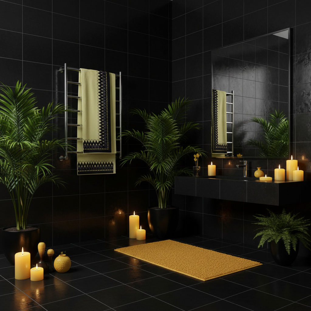 Luxurious dark bathroom with yellow black geometric towel on chrome holder