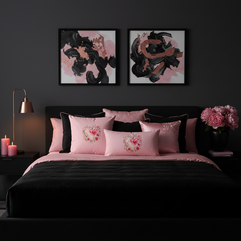 Luxurious dark bedroom with black walls and furniture, pink heart floral pillows creating striking contrast, pink flowers and rose gold accents