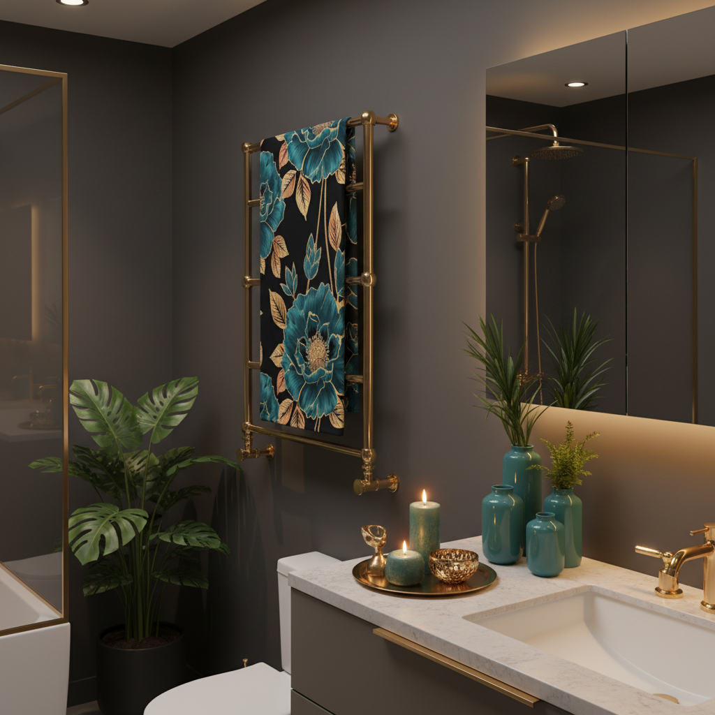 Luxurious dark cozy bathroom with teal and gold floral towel hanging on brass rack with decorative accents