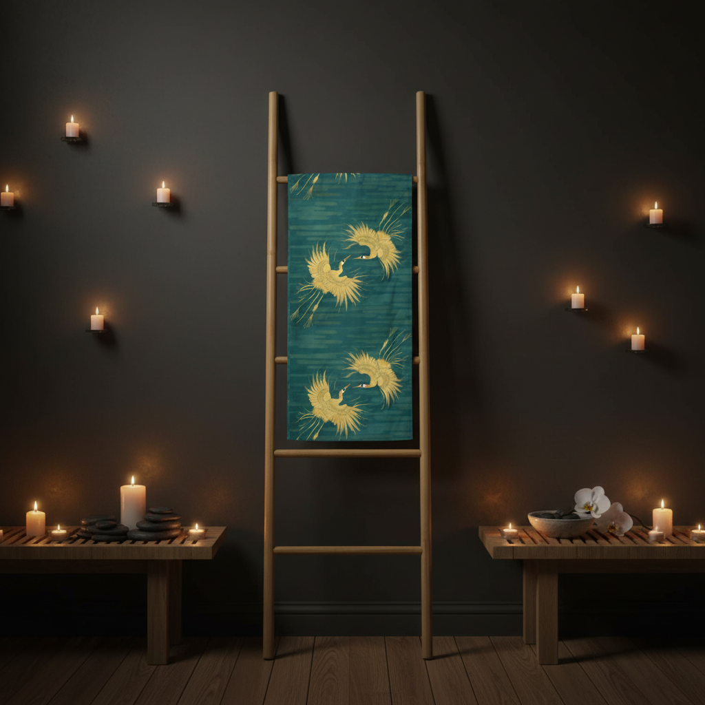 Luxurious dark wellness spa with teal gold crane beach towel hanging on bamboo ladder