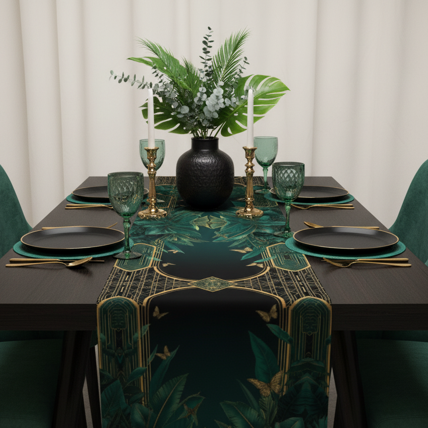 Luxurious dining with Emerald Plants runner precise pattern