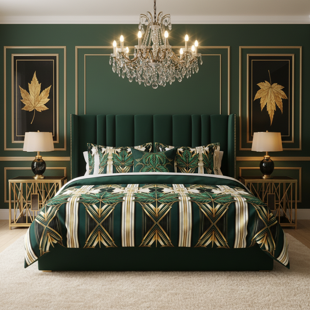 Luxurious glamorous bedroom with emerald and gold bedding