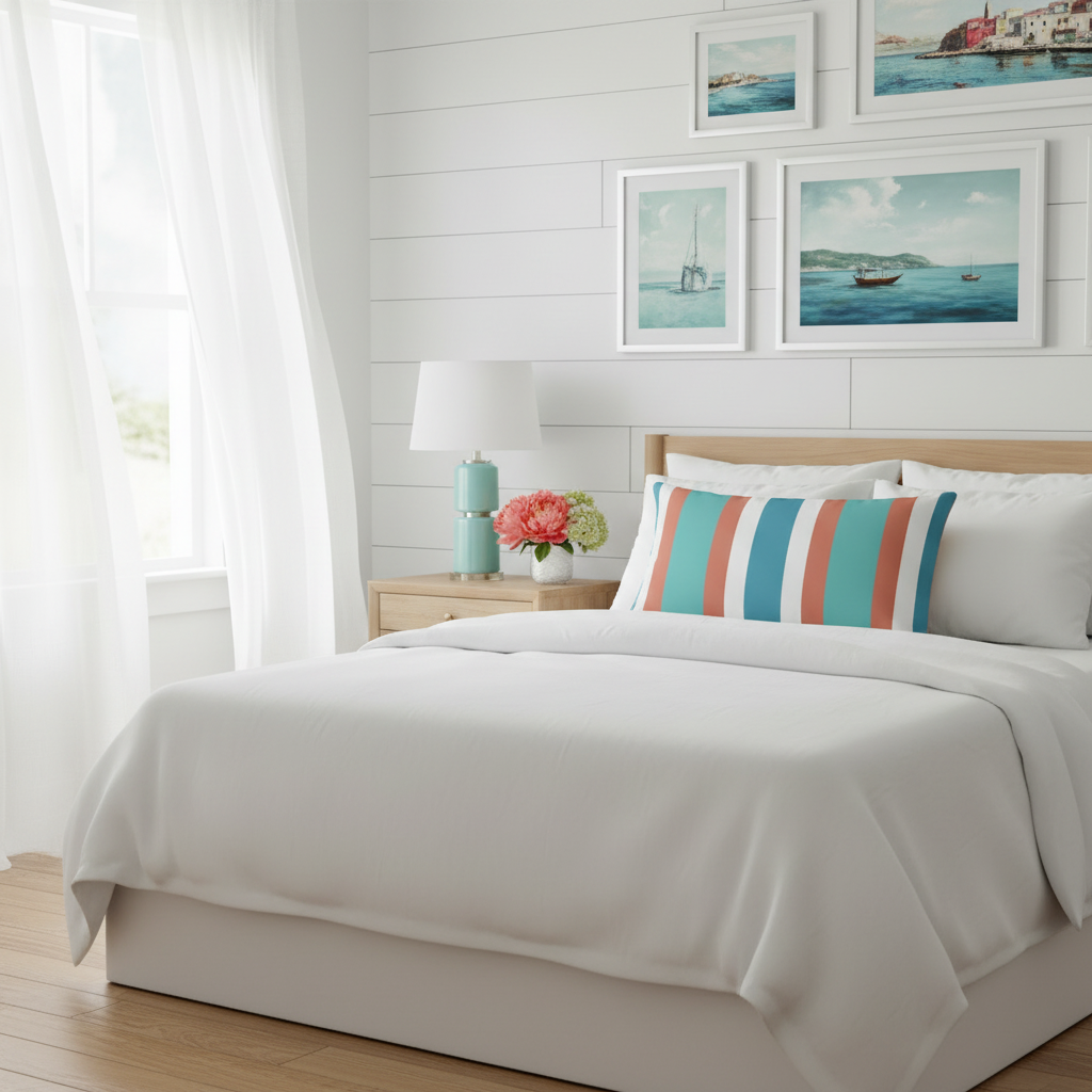 Luxurious Italian coastal bedroom with striped pillow and coordinated coastal artwork