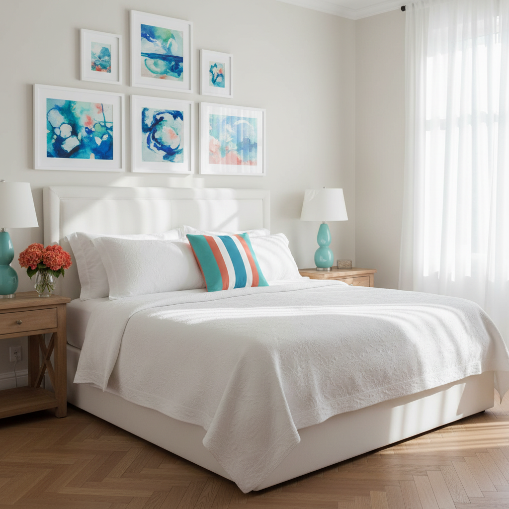 Luxurious Italian coastal bedroom with striped square pillow and coordinated coastal artwork