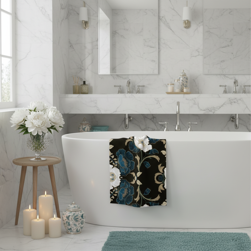 Luxurious light bathroom with floral towel, white peonies and candles