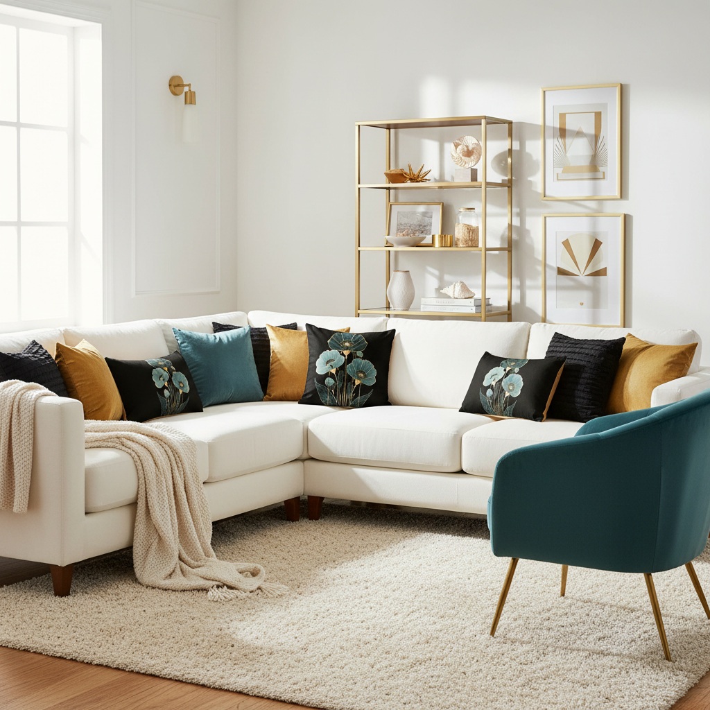 Luxurious living room with white sectional and multiple black teal gold floral pillows