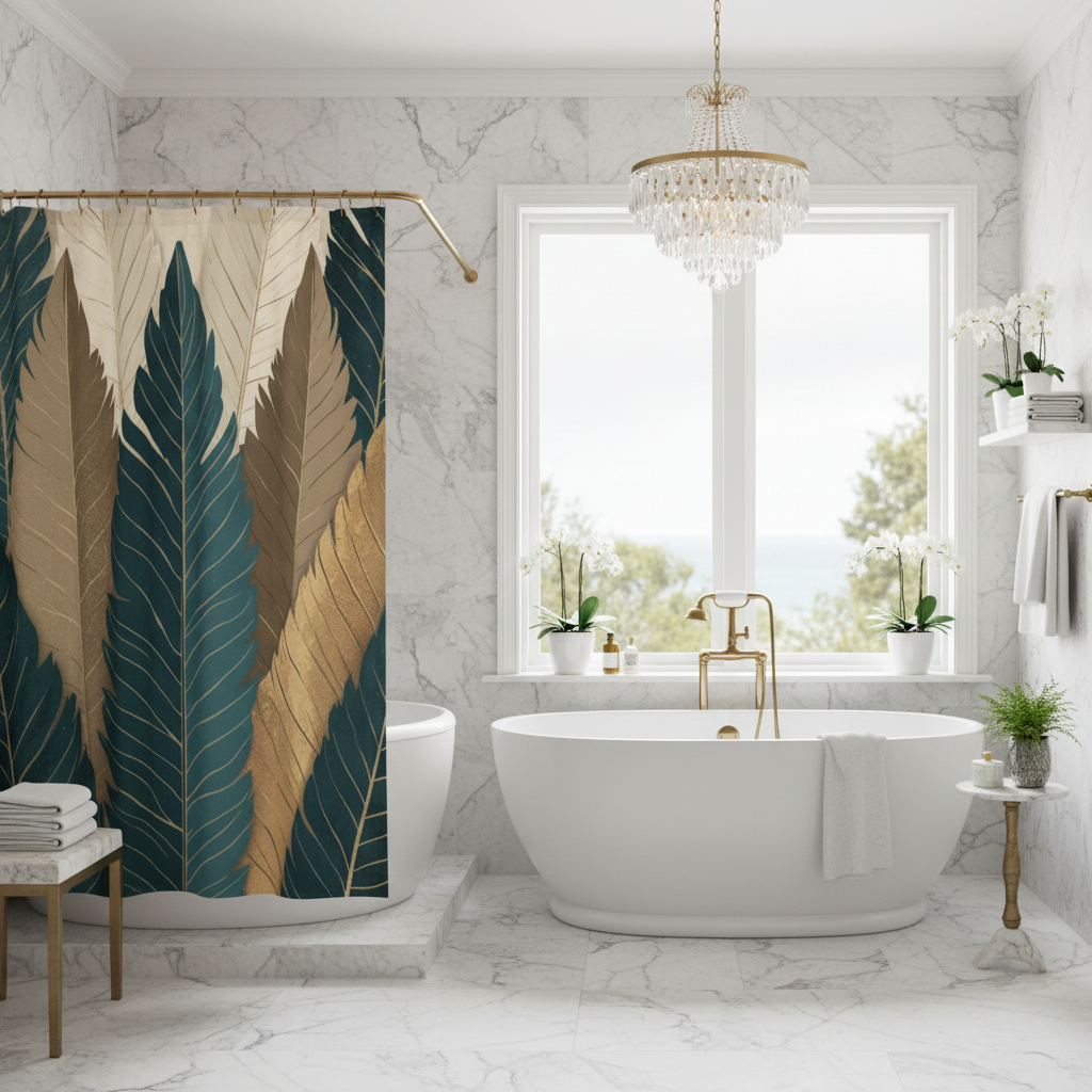 Luxurious marble bathroom with teal botanical shower curtain, gold fixtures, and natural lighting