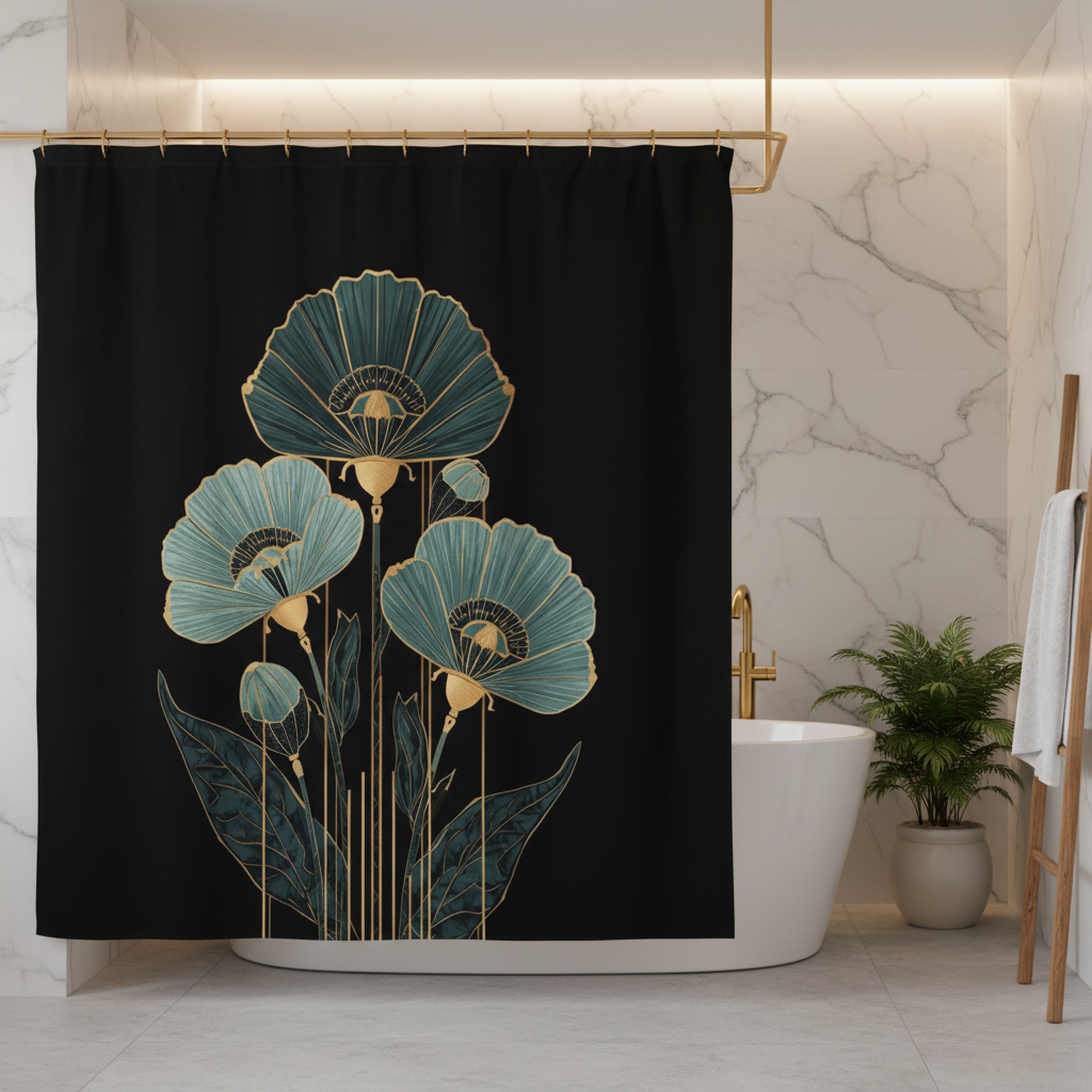 Luxurious modern bathroom with black teal and gold floral shower curtain and white marble