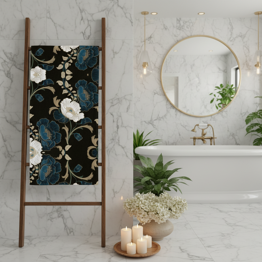 Luxurious spa bathroom with floral towel hanging on decorative ladder