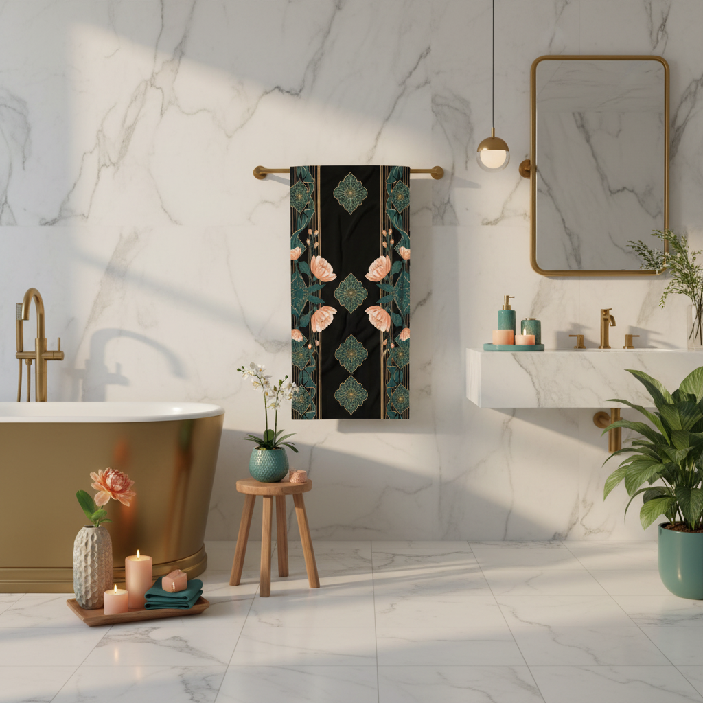 Luxurious spa wellness bathroom with black peach teal botanical beach towel on brass bar