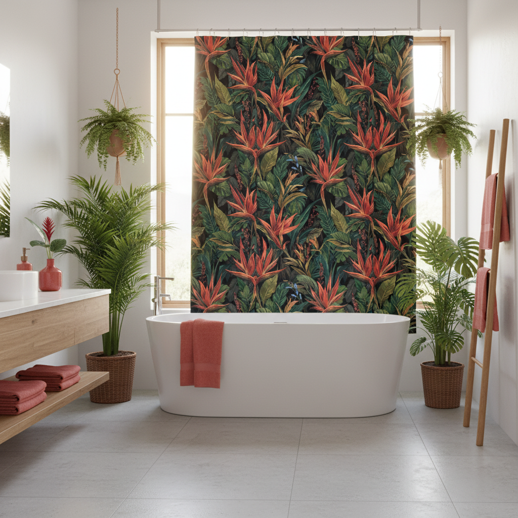 Luxurious sunny coastal bathroom with tropical shower curtain featuring coral red flowers and green palm leaves, white bathtub, natural wood vanity, coral red towels, abundant green plants, white walls, warm sunlight, sophisticated expensive styling