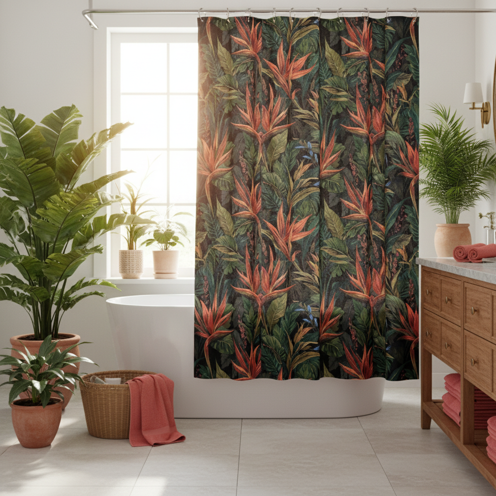 Luxurious sunny coastal bathroom with tropical shower curtain with coral red exotic flowers and green palm leaves, elegant white bathtub, rich natural wood vanity, coral red plush towels, abundant green tropical plants, warm sunlight, sophisticated expensive styling