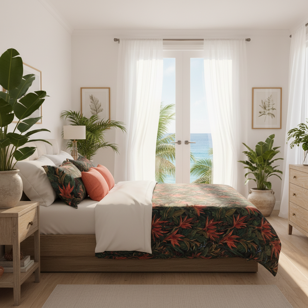 Luxurious sunny coastal bedroom with tropical comforter, king bed, white walls and curtains, coral red cushions, abundant green plants, bright sunlight, coordinated in coral and green