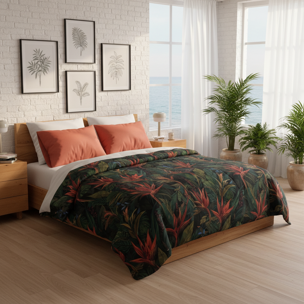 Luxurious sunny coastal bedroom with tropical comforter, queen bed with natural wood frame, white walls with elegant framed botanical artwork, coral red pillows, green plants, warm sunlight, sophisticated earth tones, expensive elegant styling