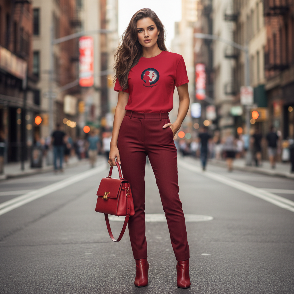 Luxury powerful long brunette hair woman cardinal red journey begins t-shirt red trousers bold confident editorial