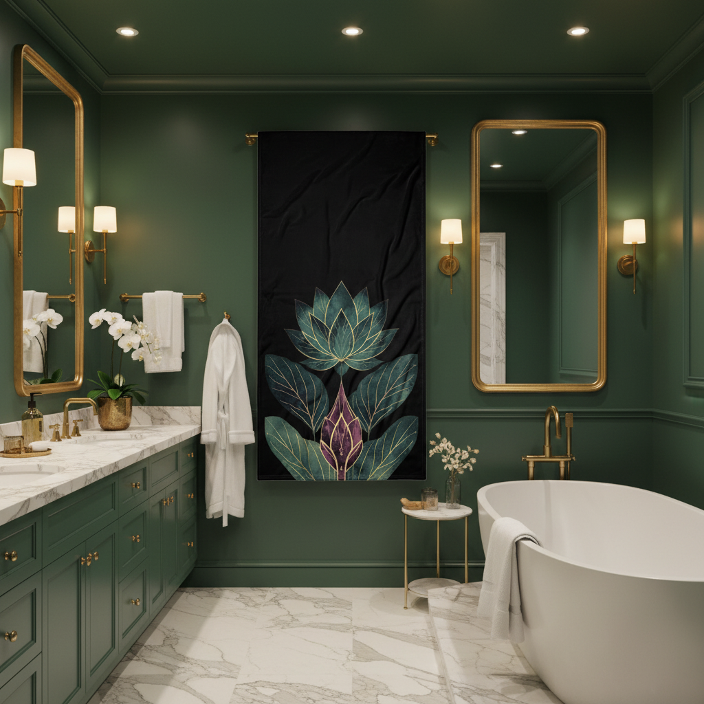 Luxury spa with large lotus beach towel on brass rack in emerald bathroom