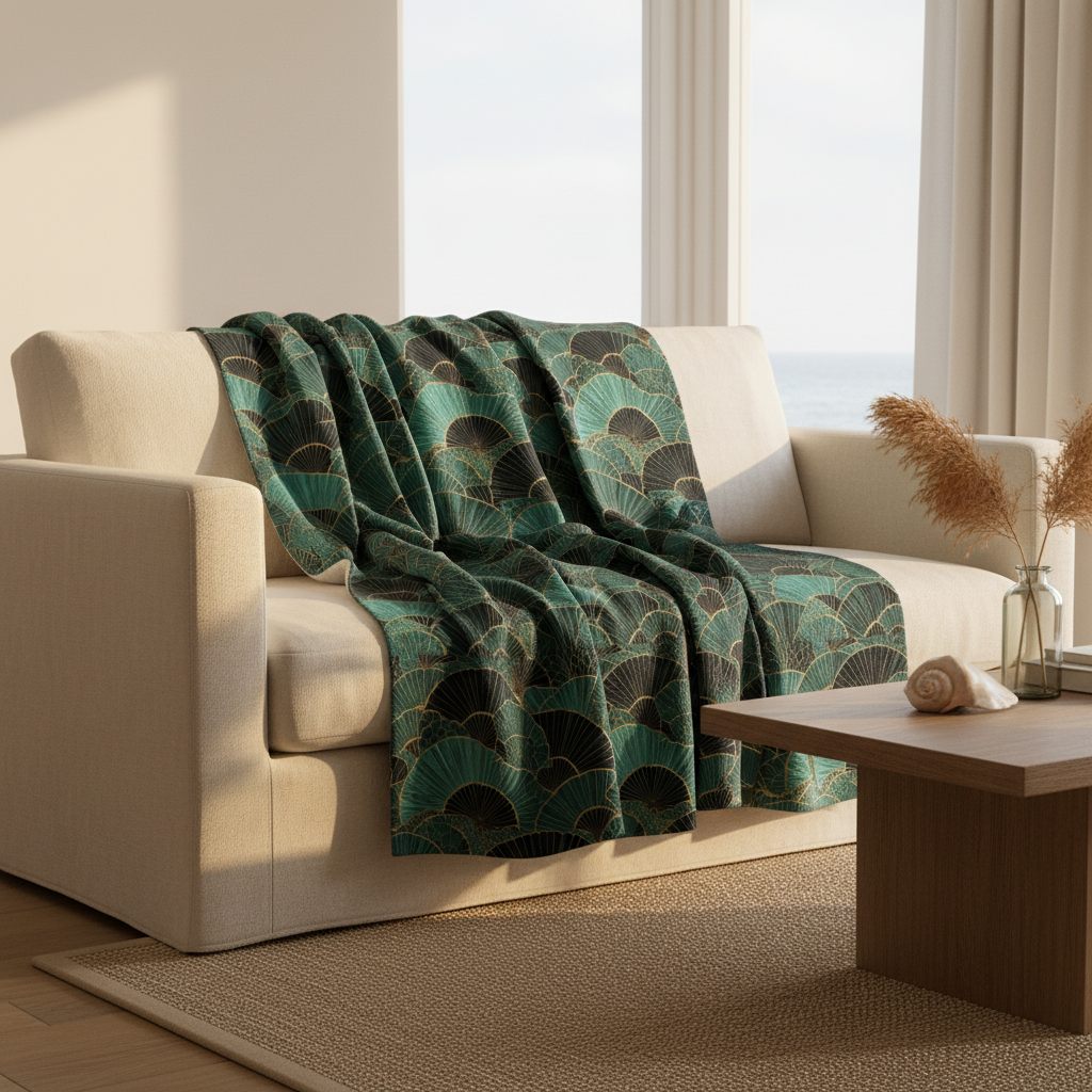 Luxury throw blanket on coastal sofa