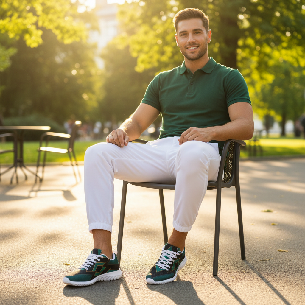 Man at Sunny Outdoor Café – White Joggers & Green Polo with Teal Geometric Sneakers