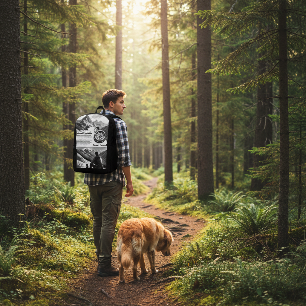 Man hiking forest trail with Travel Journal backpack and dog