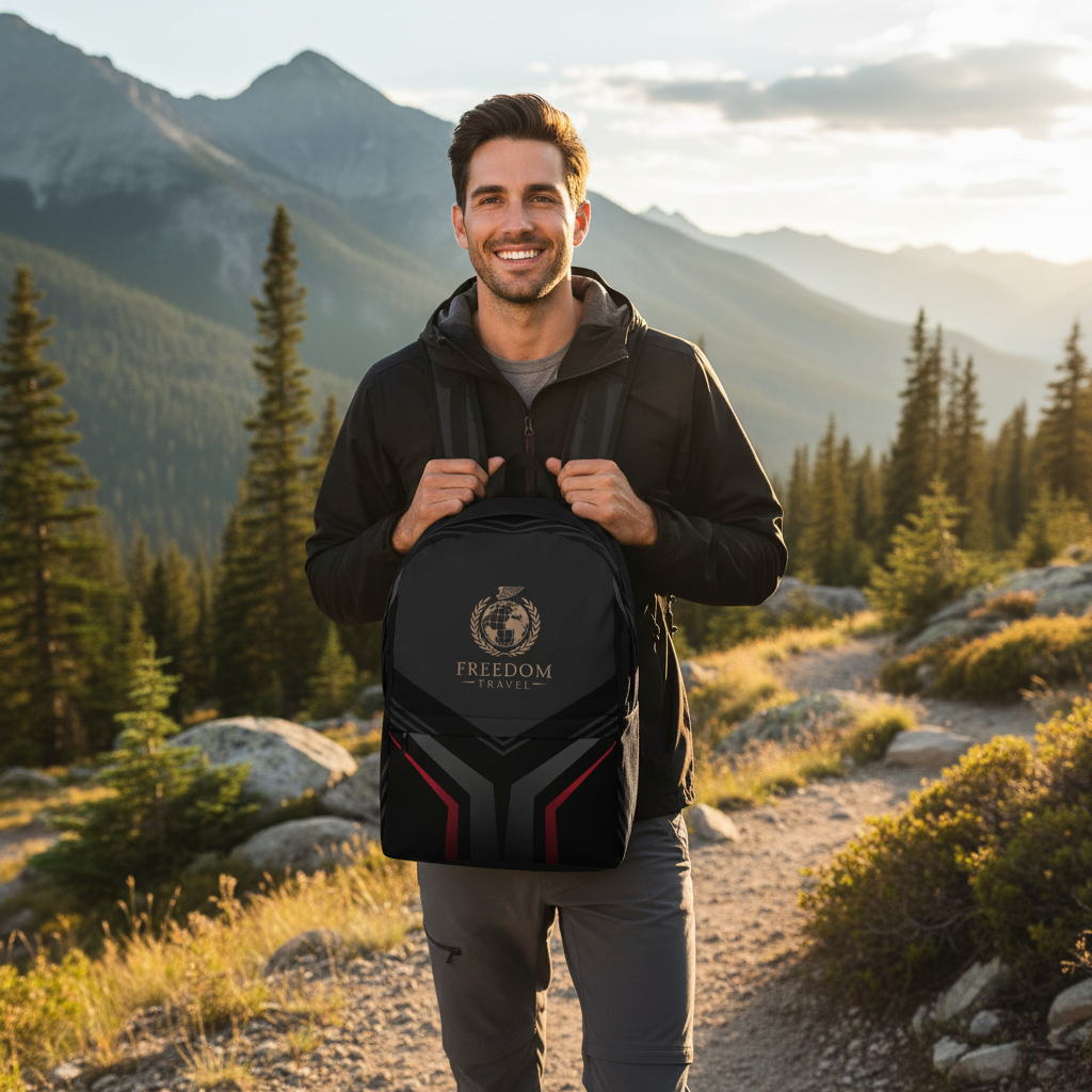Man hiking in mountains with Freedom Travel backpack