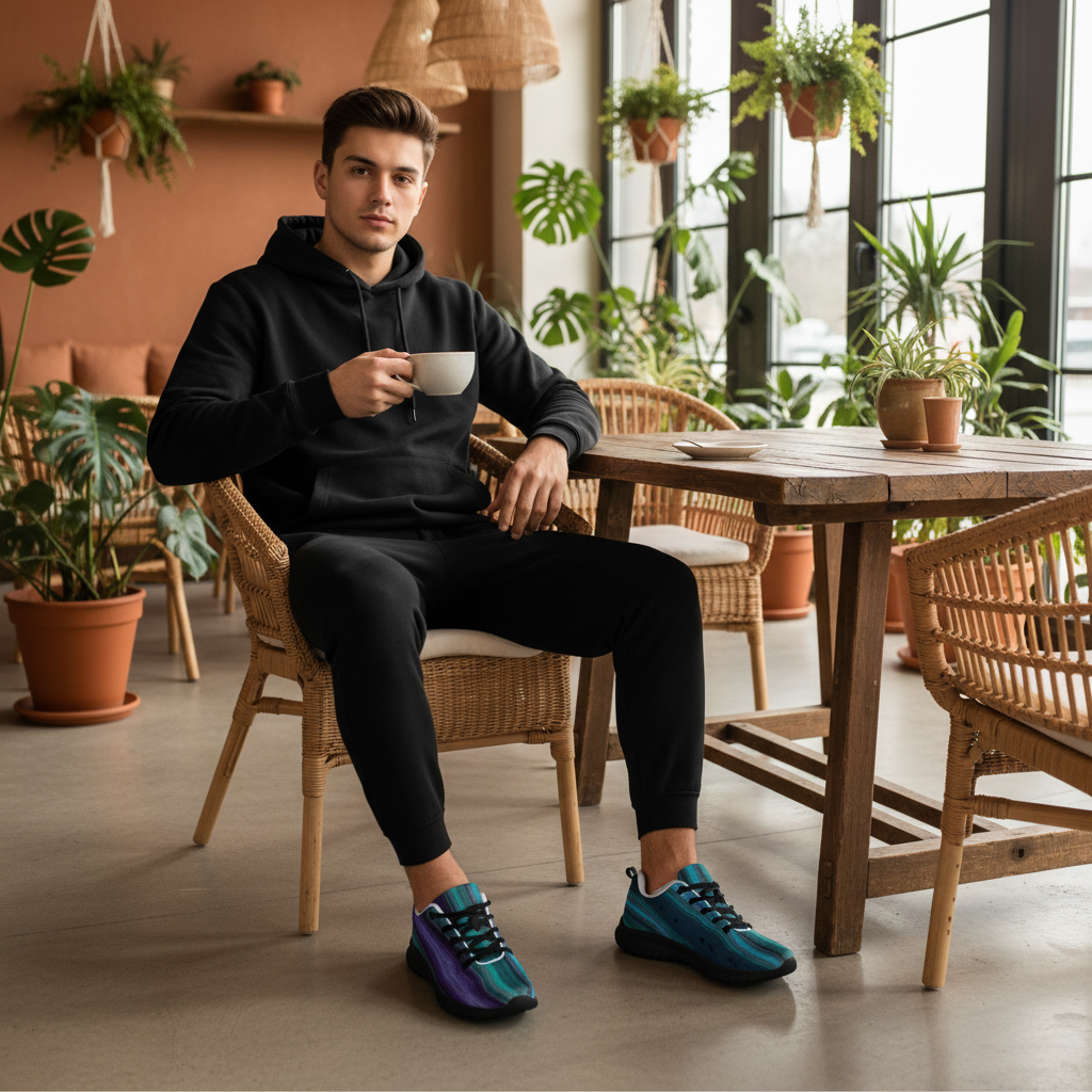 Man in all black with crystal sneakers cafe