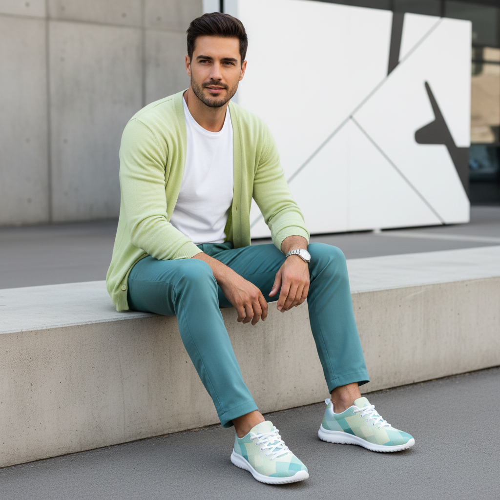 Man in aqua chinos white tee and lime cardigan with aqua lime cream geometric shoes