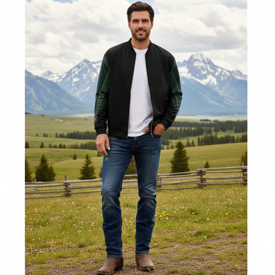 Man in black bomber with green leaf sleeves at Canadian ranch