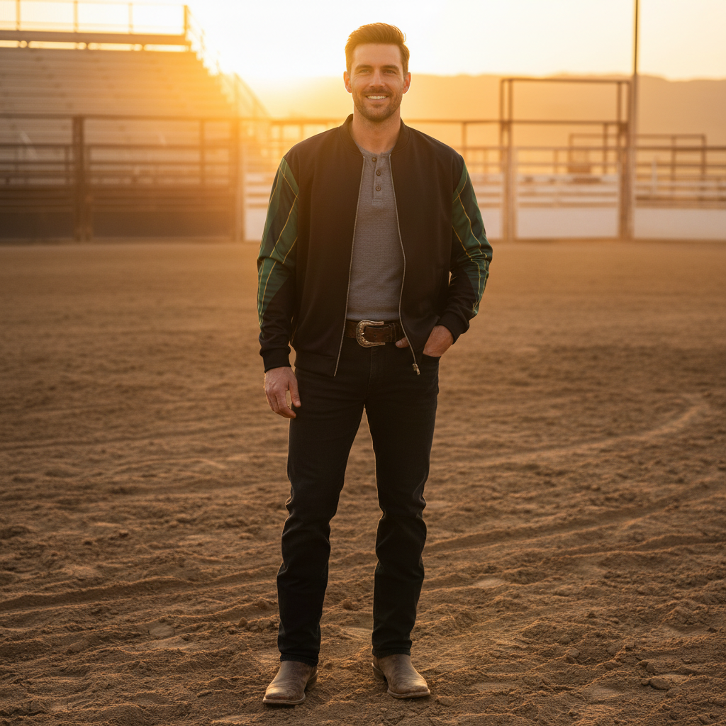 Man in black bomber with green leaves at Texas rodeo arena