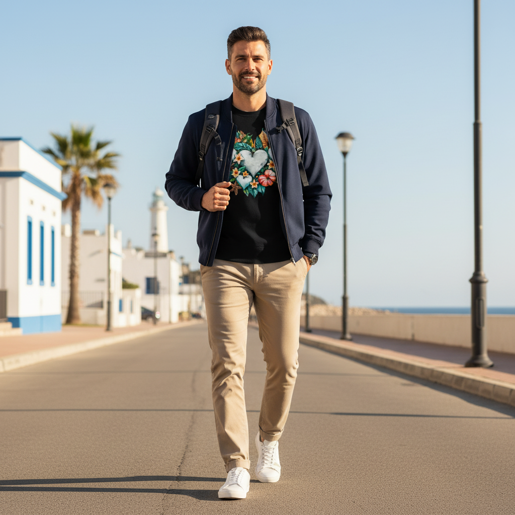 Man in black coastal hearts sweatshirt with beige trousers and bomber jacket