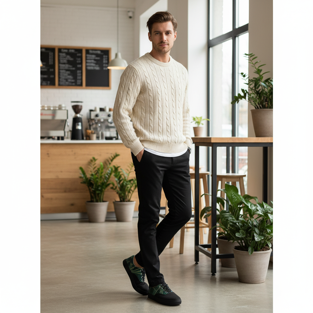 Man in black green leaf shoes with black chinos and cream sweater