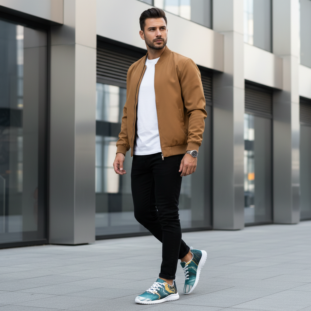 Man in black jeans and gold bomber with teal abstract shoes prominently featured in foreground