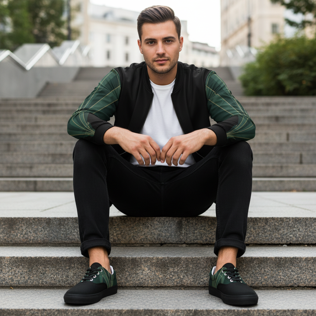 Man in bomber and matching canvas sneakers, green leaf design visible