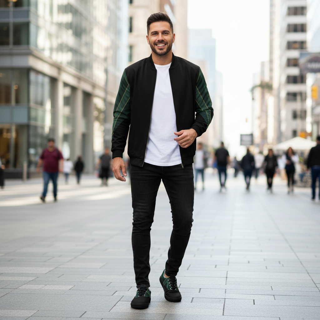 Man in bomber jacket and canvas shoes both with green leaf design
