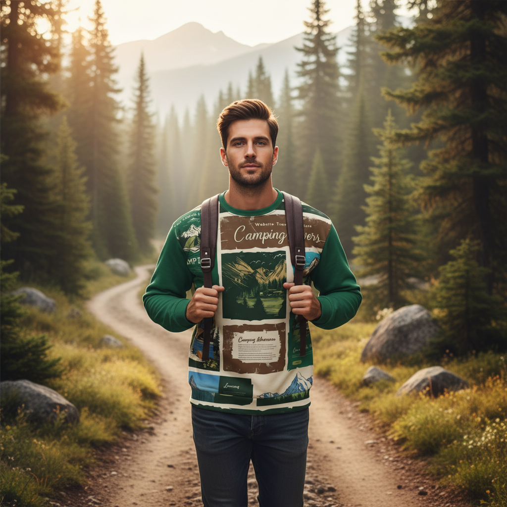 Man in camping lovers sweatshirt hiking on forest trail