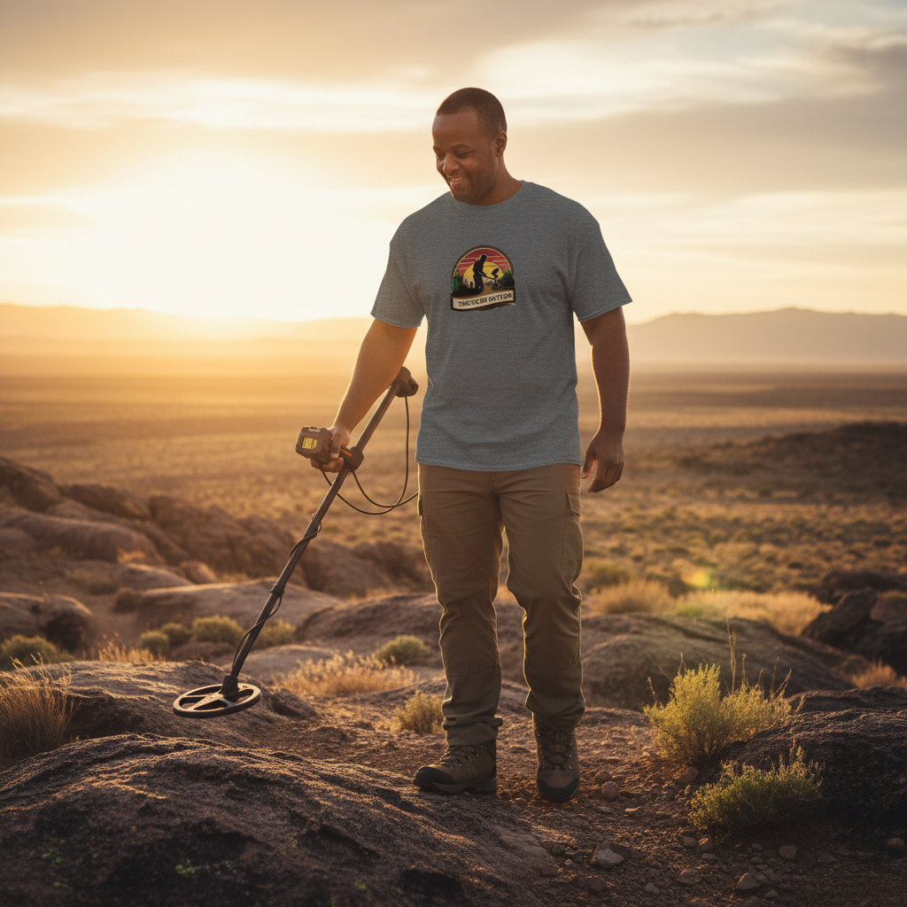 Dark heather grey unisex tee featuring Treasure Hunter retro design with warm sunset colors - perfect gift for metal detecting enthusiasts and adventure seekers