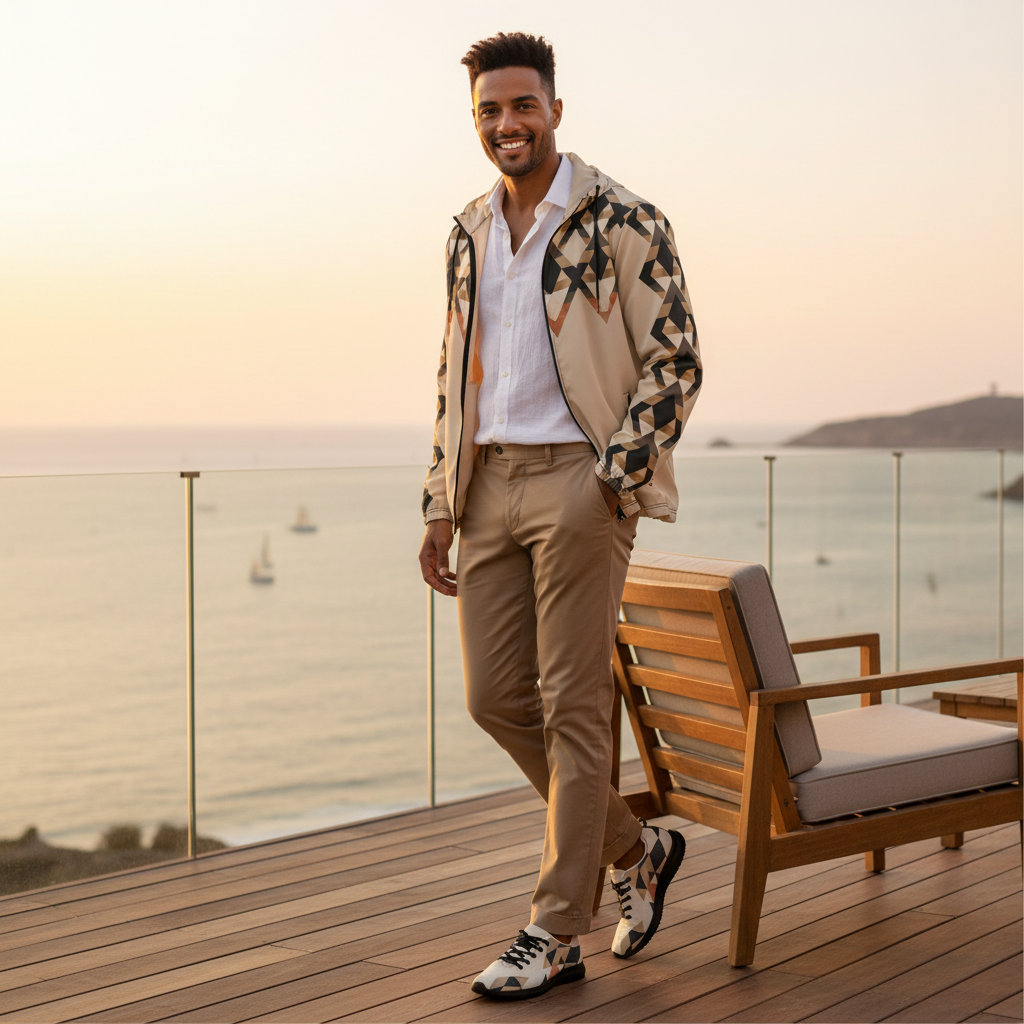 Man in geometric windbreaker with tan chinos on coastal deck