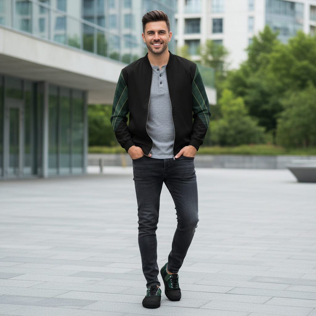 Man in green leaf bomber and matching canvas shoes, coordinated outfit