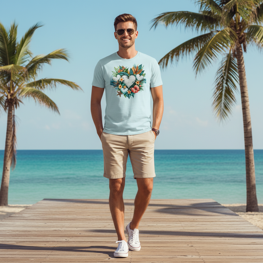Man in ice blue coastal hearts tee with beige chino shorts at boardwalk