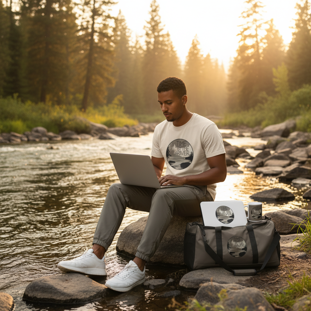 Man in natural cream Time by the River t-shirt with track pants, laptop sleeve, ceramic mug and duffle bag at riverside camping spot
