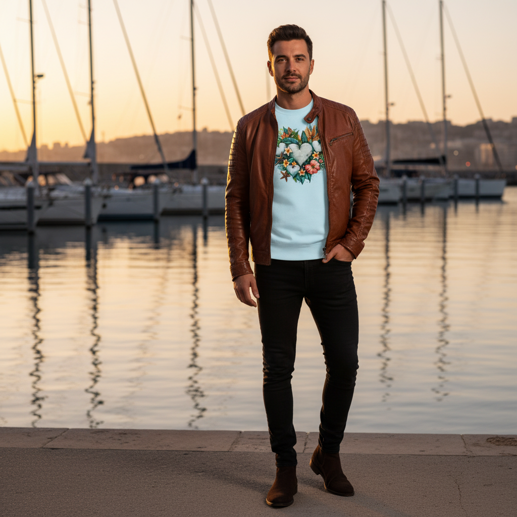 Man in sky blue sweatshirt with black jeans and brown leather jacket at marina