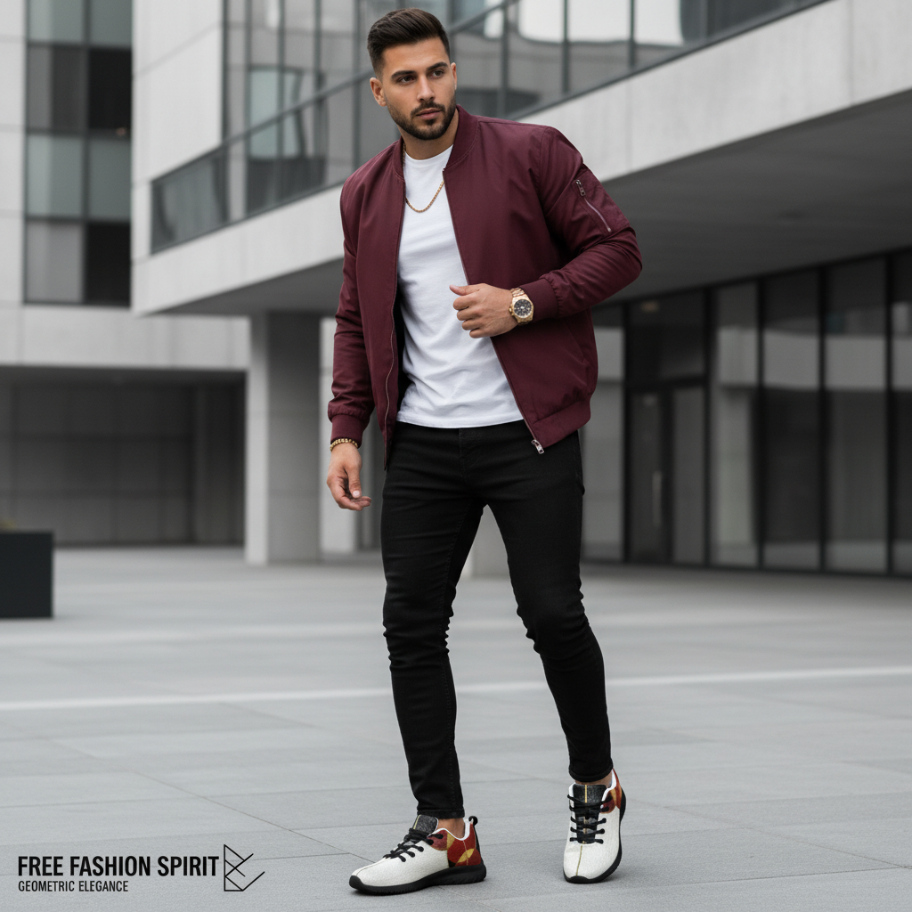 Man in white tee and red bomber with white red gold geometric shoes prominently featured