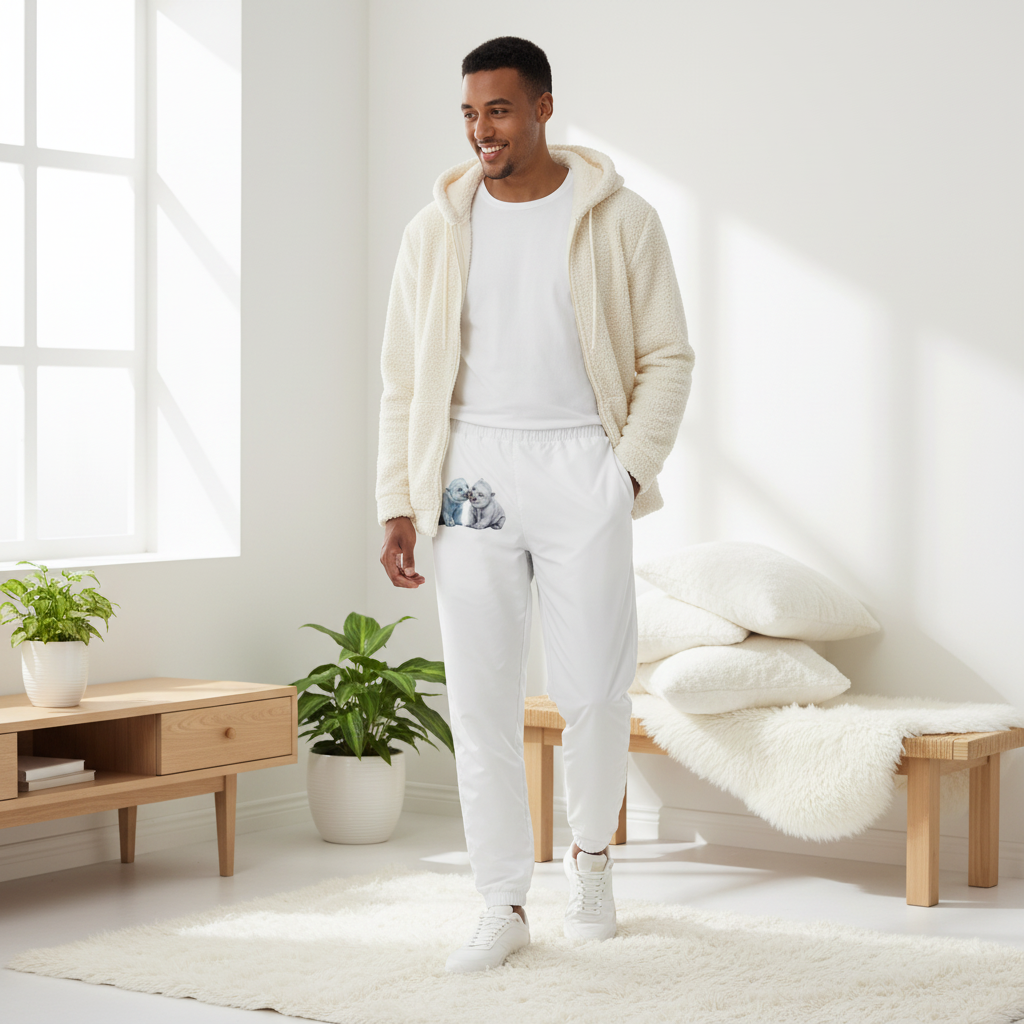 Man in white track pants with polar bear graphic and white hoodie standing in Nordic interior with white fur textures