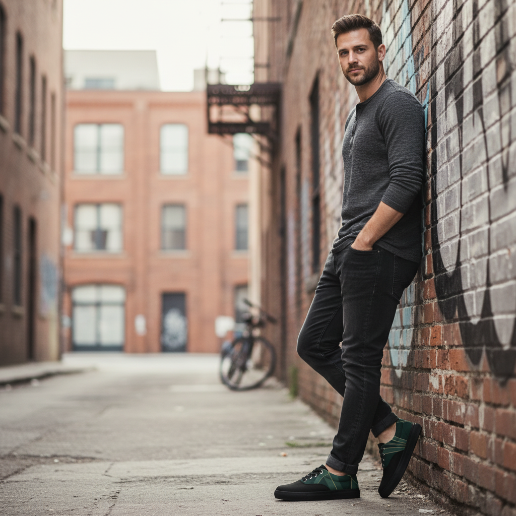 Man leaning showing black canvas sneakers with green tropical leaves