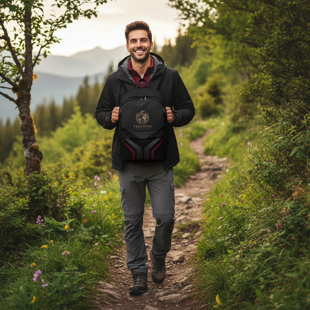 Man on forest trail with Freedom Travel backpack
