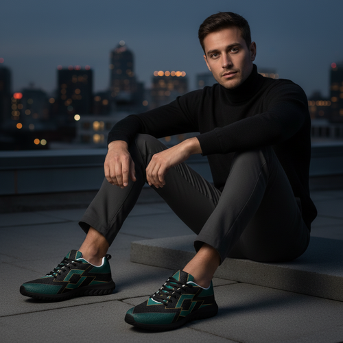 Man on Rooftop at Night – Teal Geometric Sneakers Black Sole