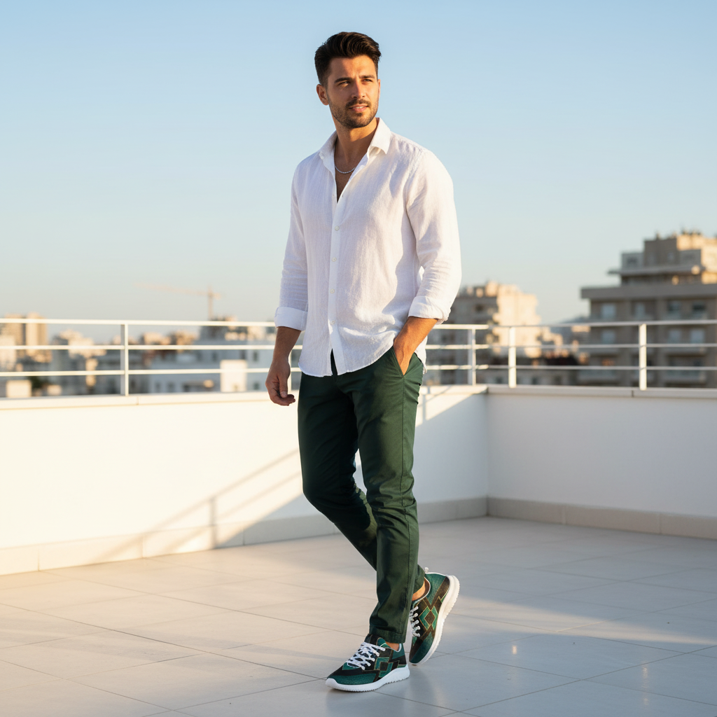 Man on Sunny White Terrace – Green Chinos & Teal Geometric Sneakers White Sole
