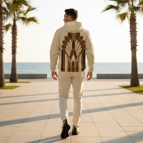 Man Showing Back of Botanical Windbreaker on Coastal Promenade