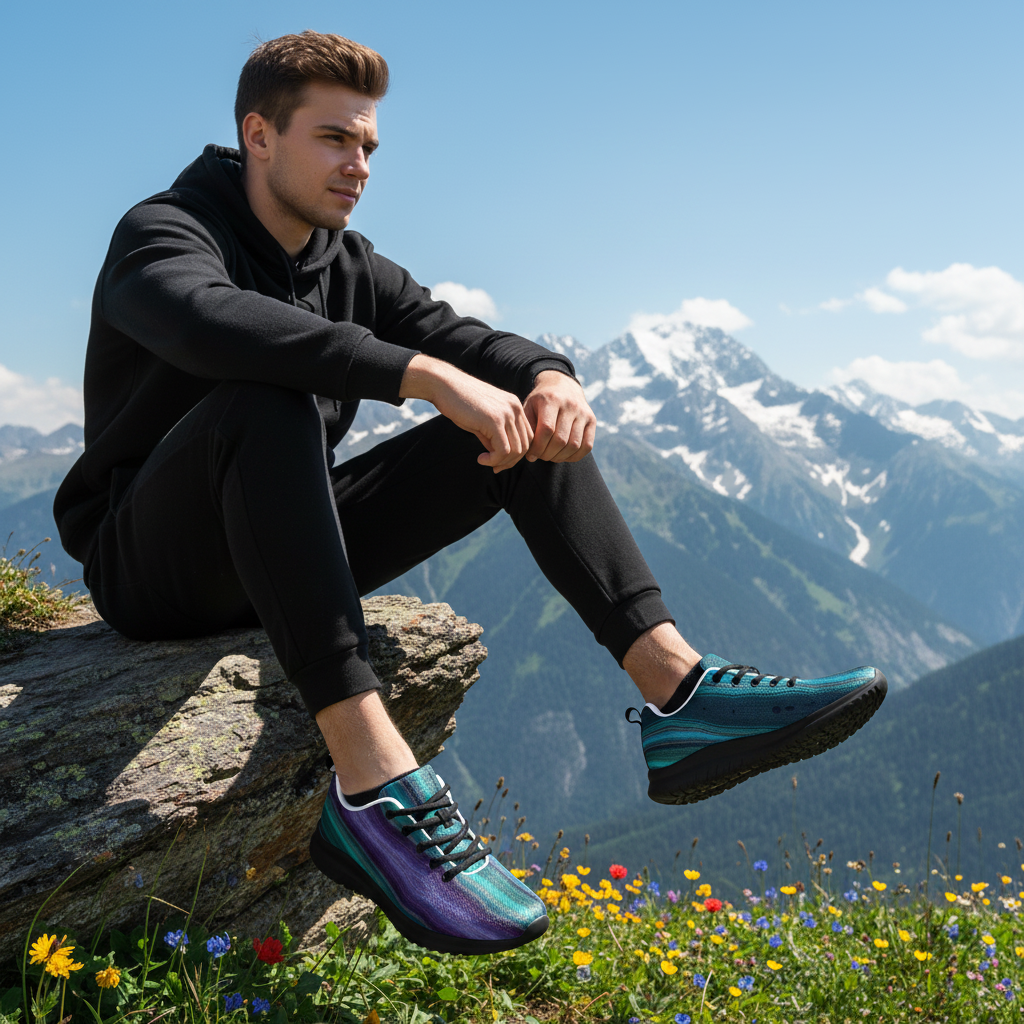 Man sitting cliff edge crystal sneakers mountain view