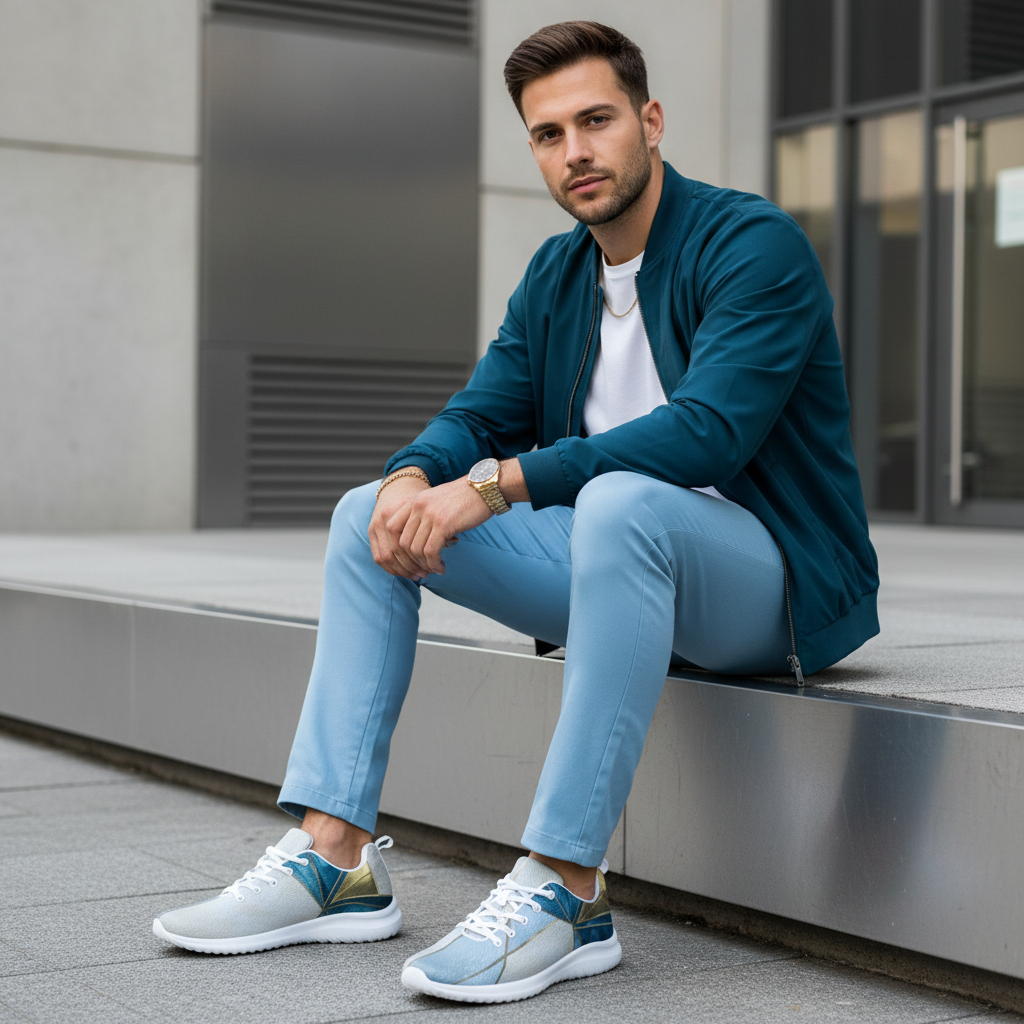 Man sitting on bench in light blue chinos white tee and teal bomber with geometric shoes visible