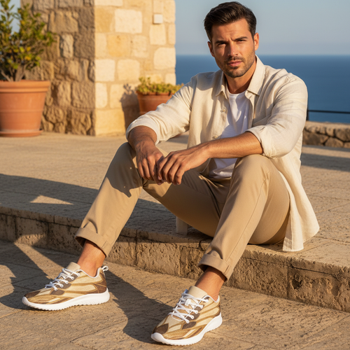 Man Sitting on Stone Terrace – White Sole Botanical Sneakers Close-Up